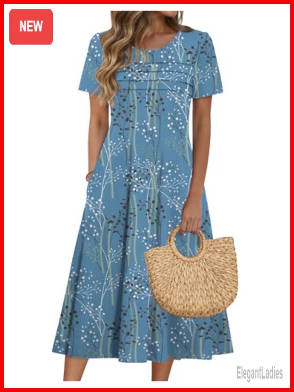 Zeagoo Womens Floral Print Puff Short Sleeve Midi Dress with Pockets A-Line